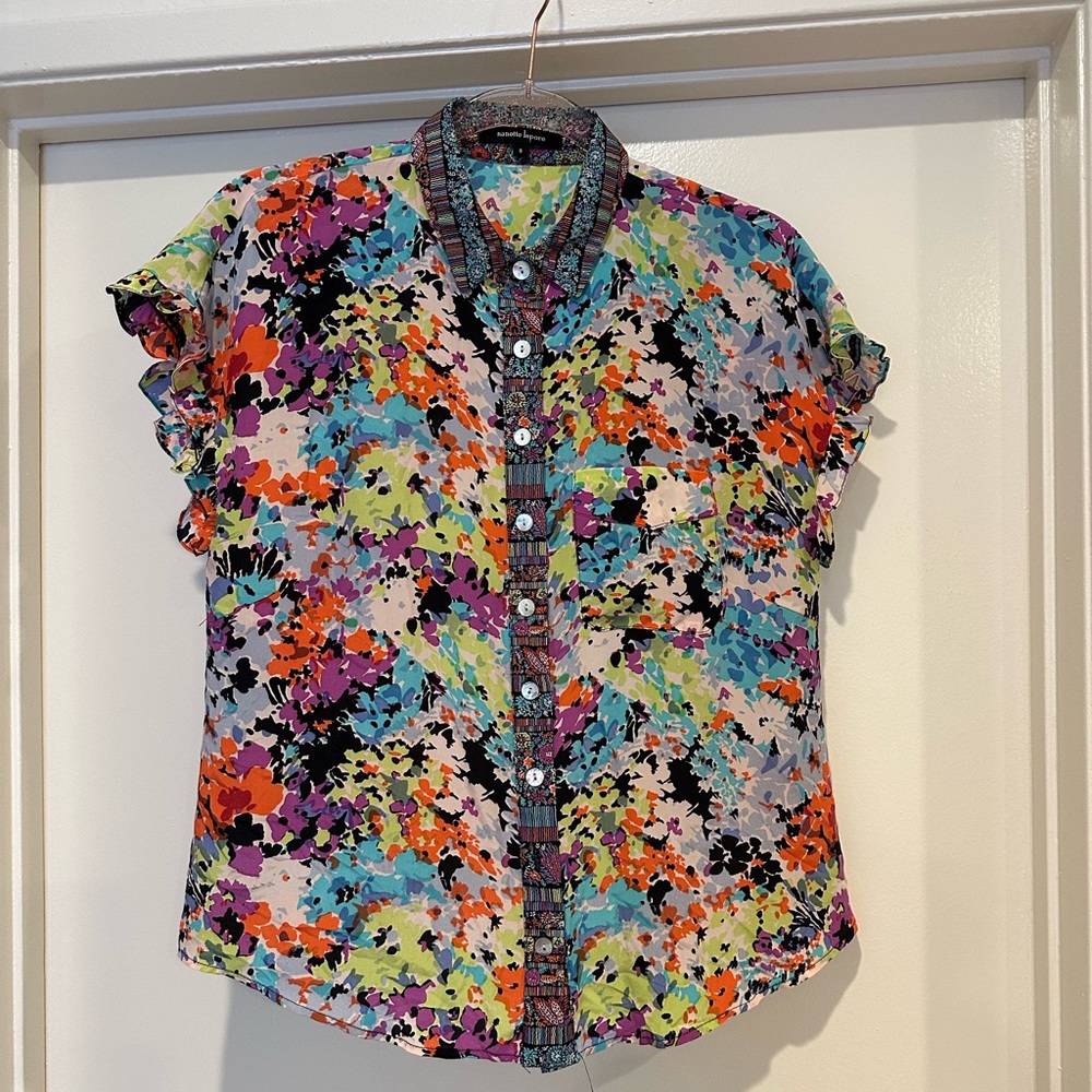 Nanette Lepore Colorful Abstract Floral Short Sleeve Blouse